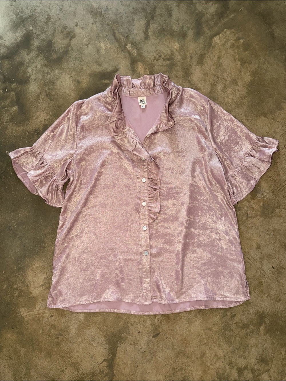 Ivy Jane Metallic Mauve Ruffle Button Down Blouse Top Size L Feminine Classy